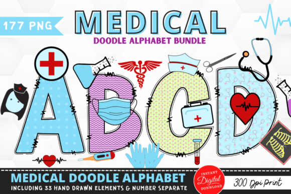 Medical Doodle Alphabet Graphics for Crafts